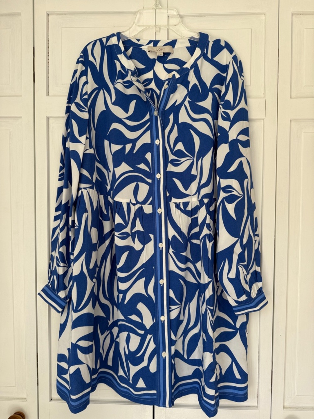 LOFT Coastal Grandma White & Blue Abstract Print Button-Front Dress Sz S